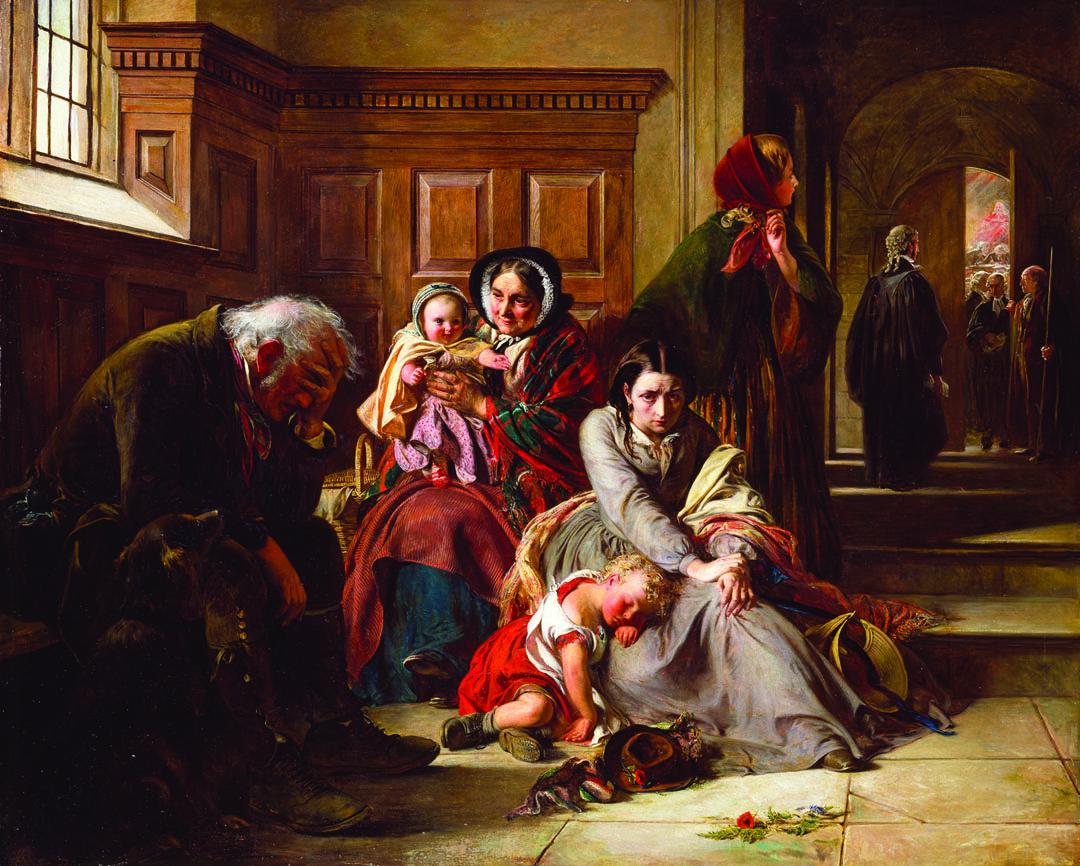 Painting of distraught men, women, and children waiting in a darkened area outside of courtroom.