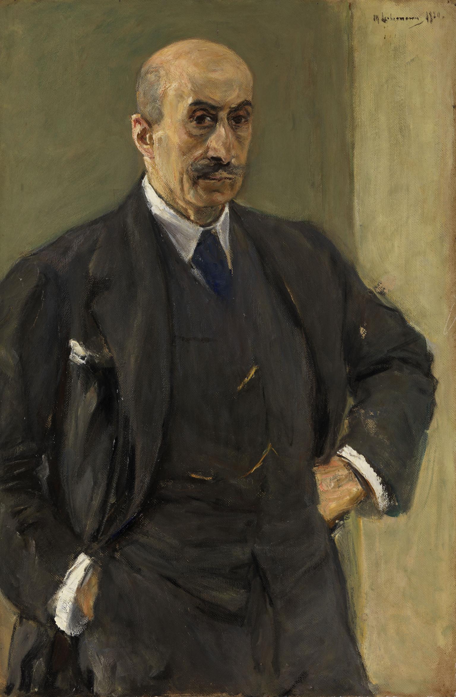 Full body portrait painting of man dressed in a suit with right hand in pocket and left hand on hip.