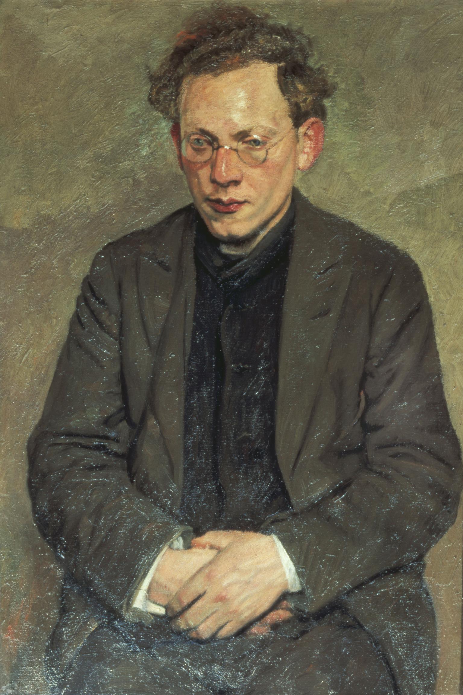 Portrait painting of man wearing glasses and suit jacket, gazing downward with his hands folded in lap.