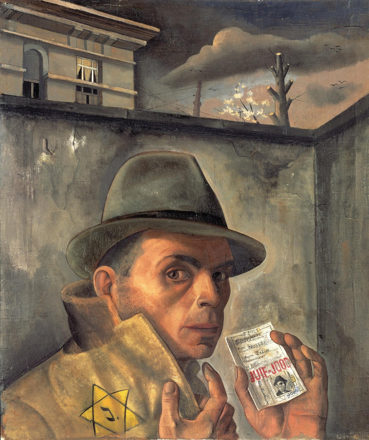 Painting of man in a black hat looking at viewer, lifting his coat collar with his right hand to reveal a yellow Star of David badge and holding up an identity card with his left hand.
