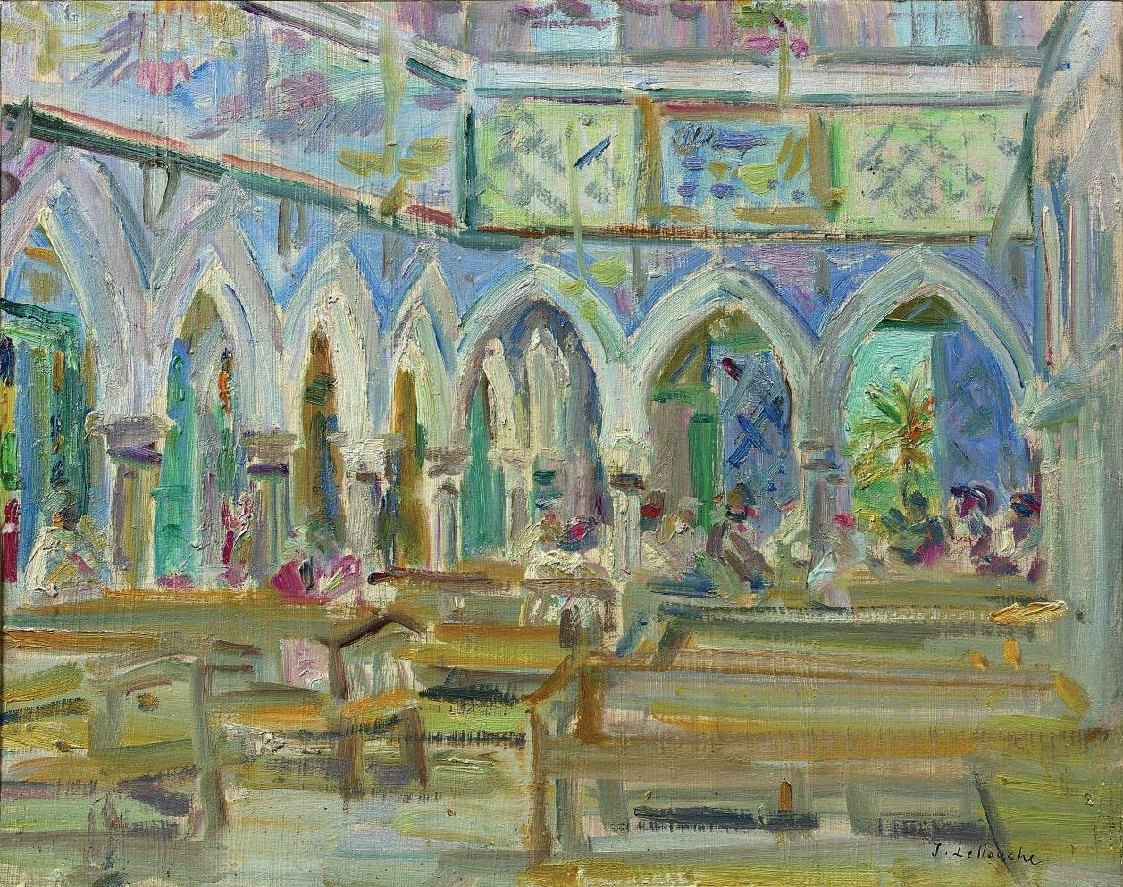 Painting depicting arches and pews inside of a synagogue. 