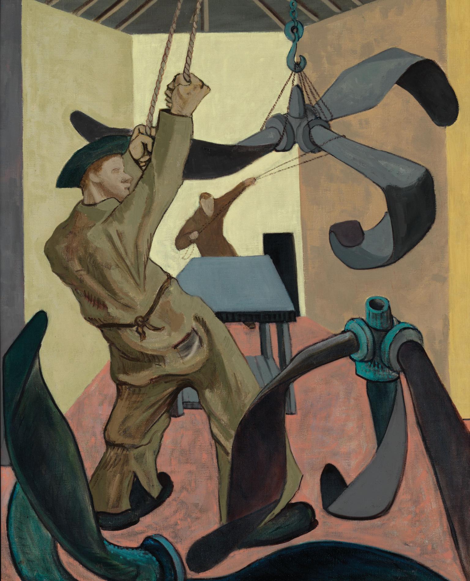 Painting of a man in uniform pulling on ropes to lift a propeller, surrounded by other propellers, as another man performs the same action in the background. 