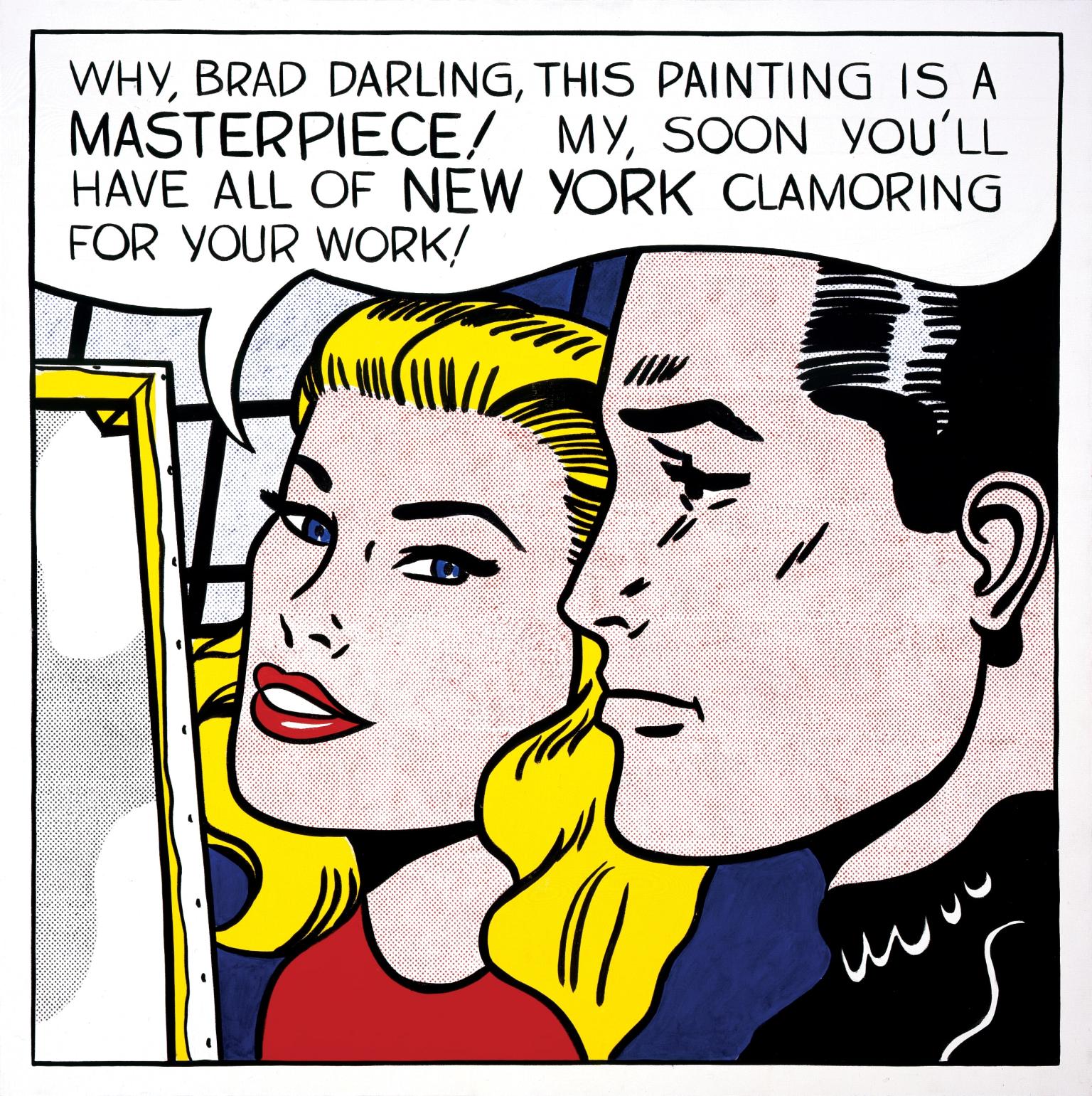 Pop art painting using Ben Day dots of man and woman's face in profile, looking at a canvas to the left with a large speech bubble over their heads. 