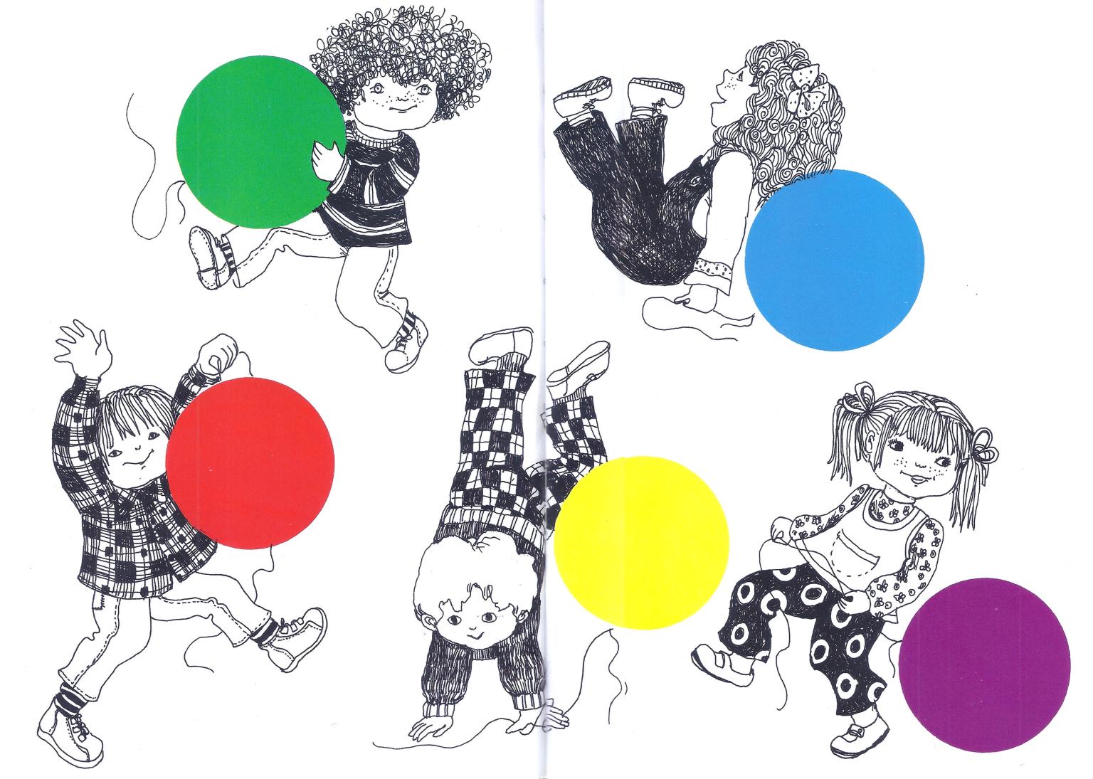 Drawing of five children playing with one balloon each.