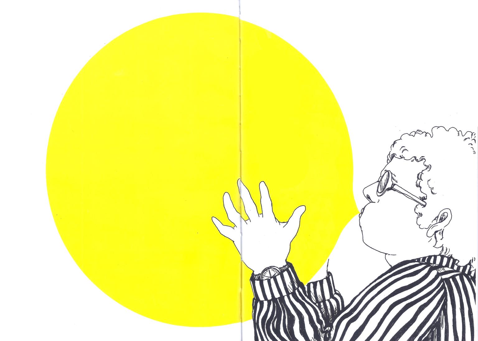 Drawing of figure in glasses blowing up a large balloon. 