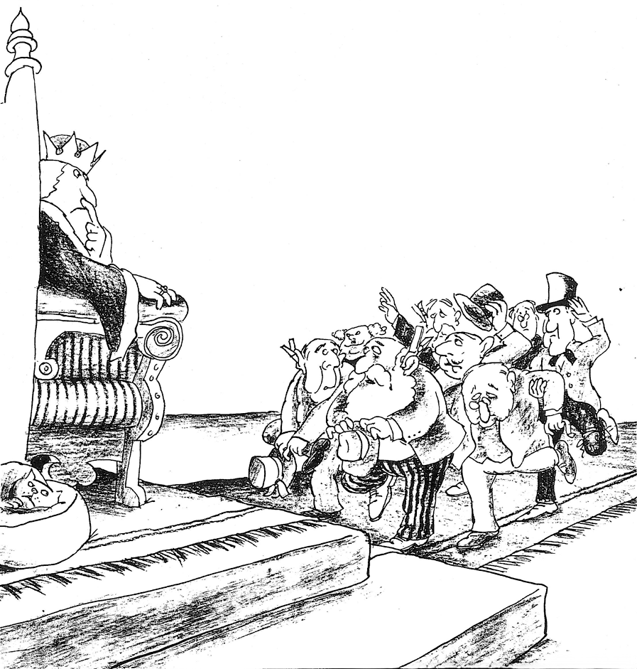 Drawing of king on throne with line of people before him. 