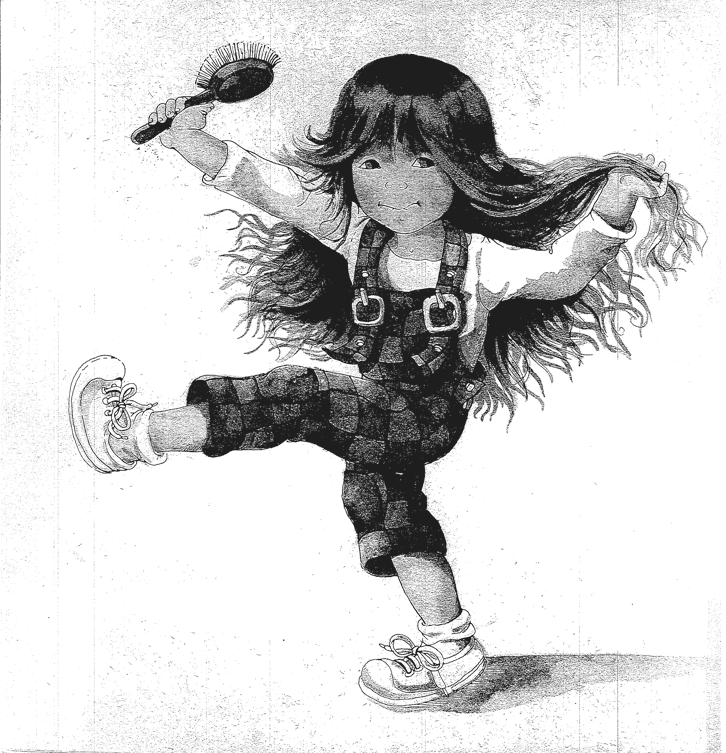 Drawing of girl with long hair holding a hairbrush in one hand and kicking up one leg. 