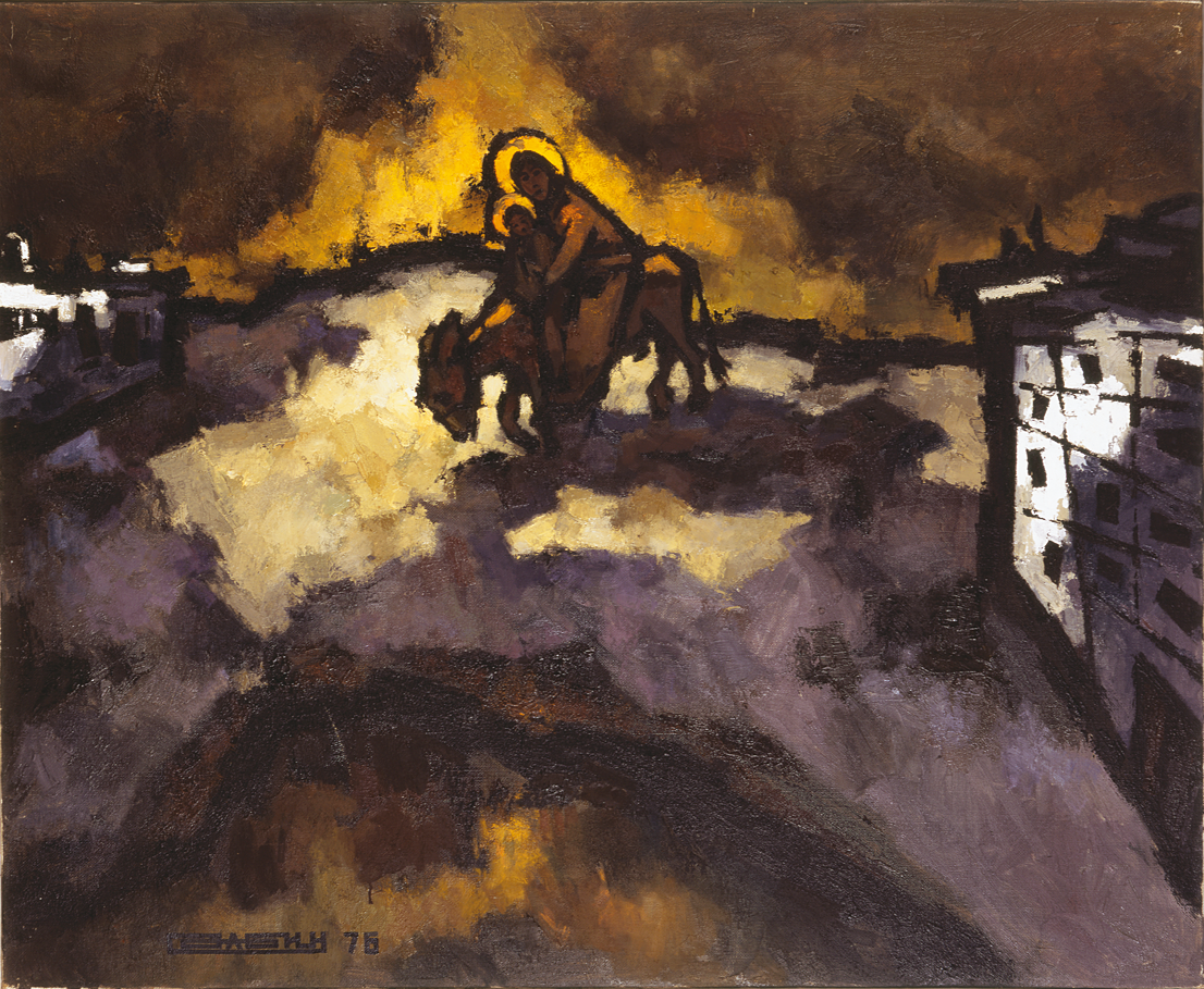 Abstract painting of two figures with halos riding a donkey with a building on either side.