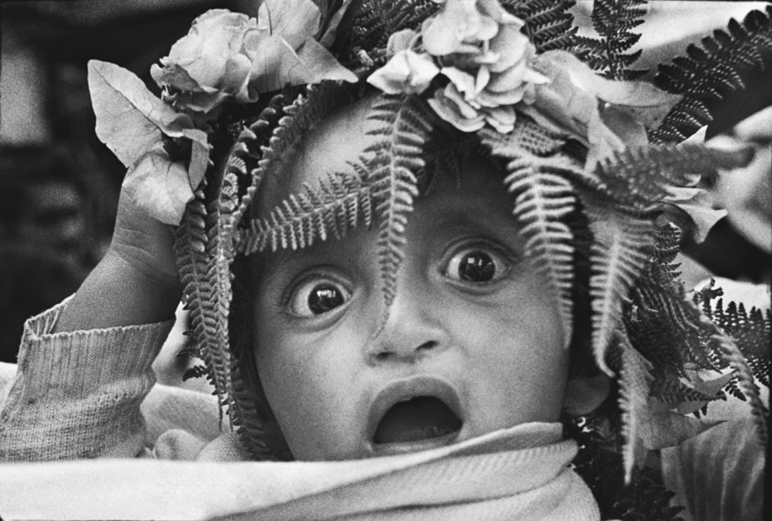 Photograph of a wide-eyed baby with mouth open and ferns and flowers on their head. 