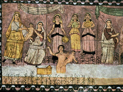 Ancient mural showing women in robes standing beside a river lined with reeds. Two hold a child, and others carry objects. A nude woman in jewelry stands in the river holding a child.