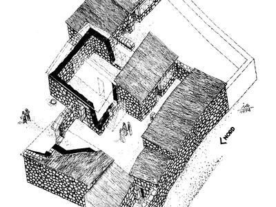 An isometric drawing of a stone-walled building complex with flat roofs, open courtyards, and a few human figures. Some portions are shown as cutaways.