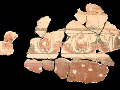 Broken fragments of ancient painted plaster featuring a decorative border with red scrolls, leaves, and geometric patterns.