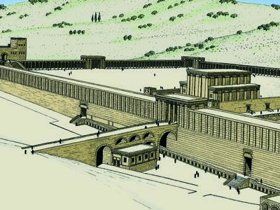 An illustrated reconstruction of an ancient temple complex with high stone walls, arched gateways, and several large buildings, set against a hilly landscape with scattered trees.