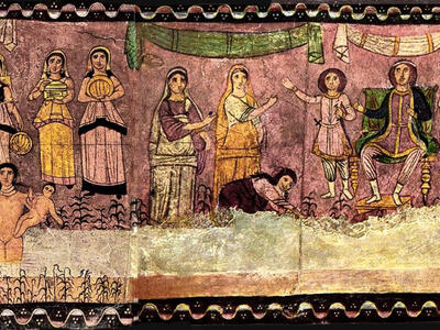 Ancient mural showing women standing beside a river lined with reeds. A nude woman stands in the river holding an infant. To their right, a man sits on a throne, flanked by two other men. Two women stand before him; another woman kneels.