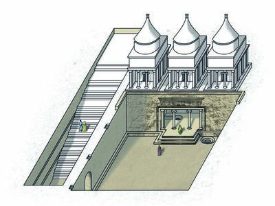 An illustration of an ancient architectural site featuring a large stairway leading to three cone-topped structures and an open rectangular courtyard with pillars, walls, and a few people standing around.