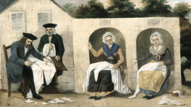 Painting of men cutting cloth and women sewing.