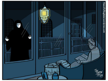 Illustration of a woman in an abaya standing on a balcony, peering into a room. Inside, a man in a yamulke reads a book.