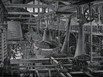 Detailed engraving of the inside of a whiskey distillery with large machines and workers