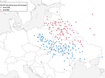 Unlabeled map of Europe with red and blue dots. Red dots are spread across Belarus, Lituania, Latvia, and Ukraine, and blue dots are clustered in Ukraine and Poland.