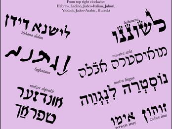 Purple square with "Our Language" written on top and the same phrase translated into different Jewish languages and Hebrew scripts below