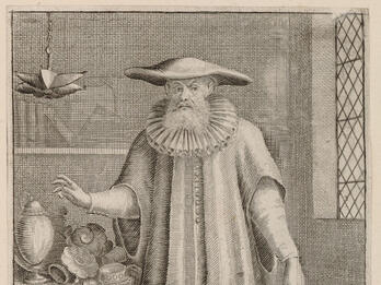 Printed engraving of man wearing hat and collar and holding bag, standing next to table with jewelry and household objects, and French caption. 
