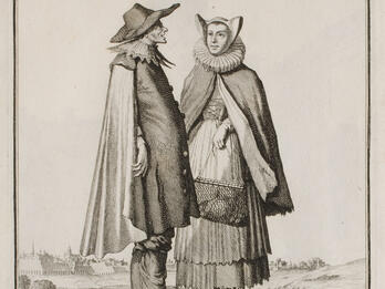 Print of man in cloak, hat, lace collar, and high boots, and woman dressed in cloak, winged bonnet, ruff collar, full skirt, and bodice, holding a large purse, with city landscape in the background.