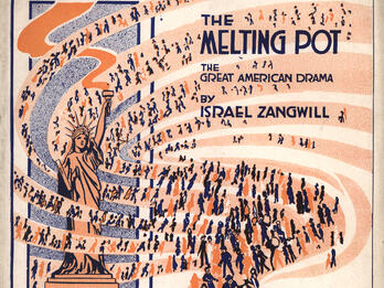 Page with English title and image of crowd of people emerging from a pot next to the Statue of Liberty.