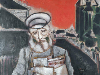 Painting of man facing viewer with bag of newspapers around his neck, in the middle of a city street.