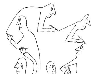 Cartoon drawing of figure with pen in hand drawing himself until there are seven copies of him attached to one another.