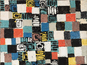 Abstract painting of grid with squares containing spirals, lines, and geometric designs.