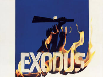 Poster with arms reaching out of a fire holding rifle, with English title and names below. 