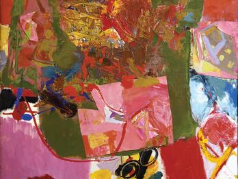 Painting depicting random lines and blocks of color.