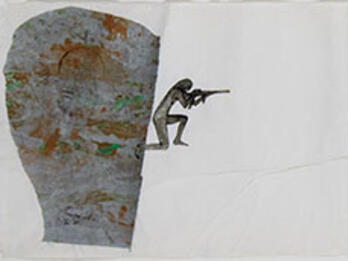 Mixed media collage and painting with a figure aiming a gun on the far left, a figure standing near hieroglyphs and triangular shapes in the middle, written notes on the far right, and other objects placed nearby. 
