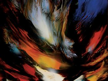 Abstract painting with dynamic colors arranged to look like a flame.