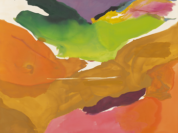 Abstract painting with undulating waves of color. 