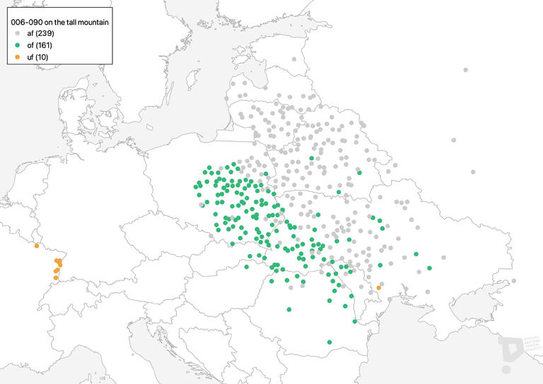 Unlabeled map of Europe with Green, gray, and orange dots. Green dots cluster in central Europe and gray in Eastern Europe, with a few orange dots on the border between Germany and France. Map key indicates that gray represents af (239 dots), green represents of (161 dots), and orange represents uf (10 dots).