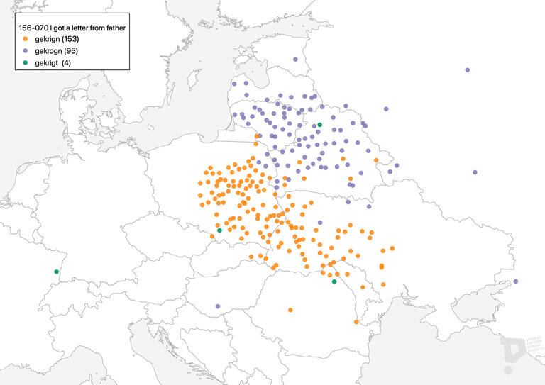 Unlabeled map of Europe with orange, purple, and green dots. Orange dots are mainly clustered in Ukraine and purple are mainly clustered in Lithuania, Latvia, and Belarus, and four green dots appear in France, Poland, Romania, and Belarus.