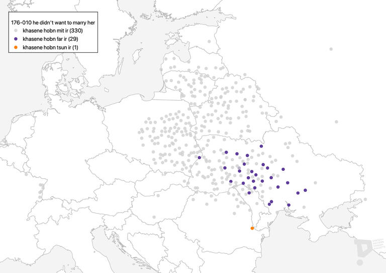 Unlabeled map of Europe with gray and purple dots and one orange dot. Gray dots are spread throughout Easter Europe, purple dots are clustered in Ukraine, and orange dot is on the Romanian border. Key indicates that gray represents "khasene hobn mit ir" (330 dots), purple represnts khasene hobn far ir (29 dots), and orange represents khasene hobn tsun ir (1 dot).