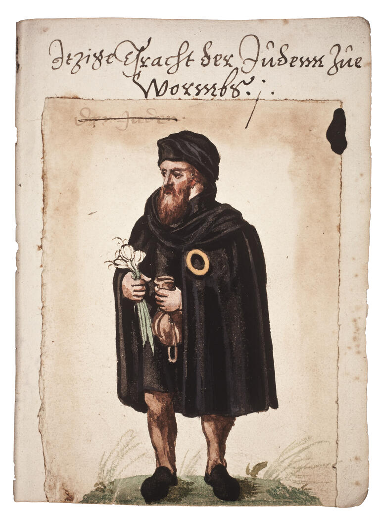 Jewish Men’s and Women’s Clothing in Worms (Tracht der Juden zu Worms) Illustration of man in hat carrying money bag and garlic and wearing badge, with German text across top.