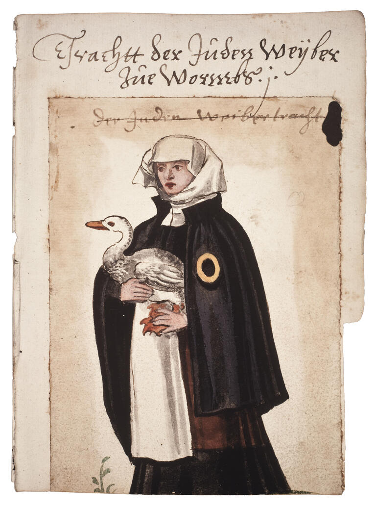 Jewish Men’s and Women’s Clothing in Worms (Tracht der Juden zu Worms) Illustration of woman in veil carrying goose and wearing badge, with German text across top.