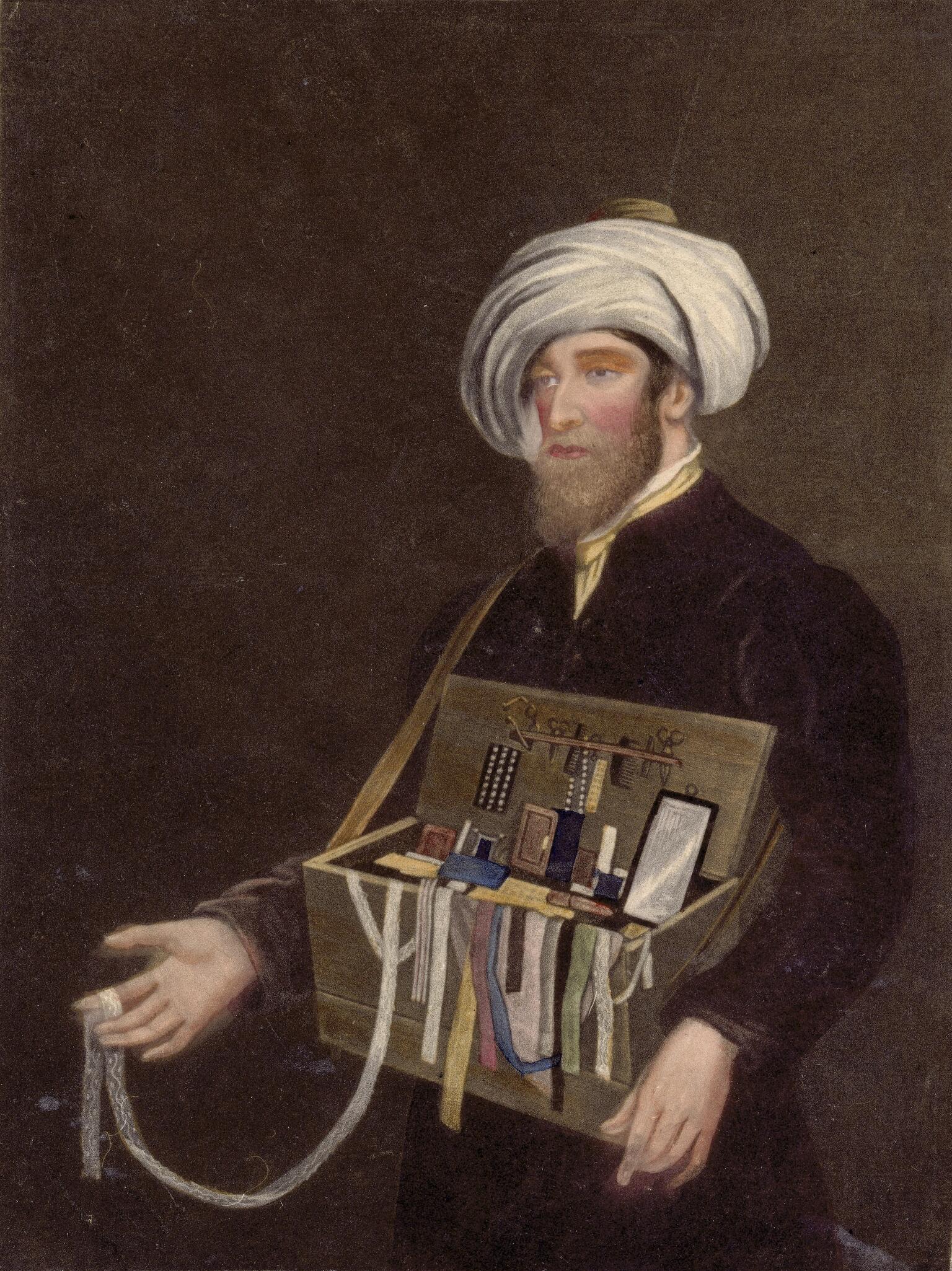 Painting of a man in a turban with a box of sewing supplies