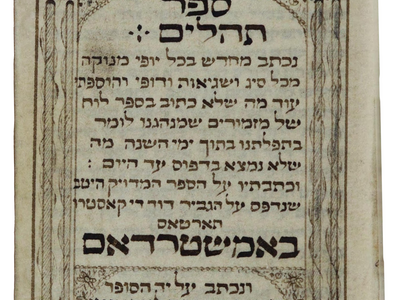Manuscript page of Hebrew text, in a paragraph with a few larger words, surrounded by drawn columns, arch, and botanic decorations.