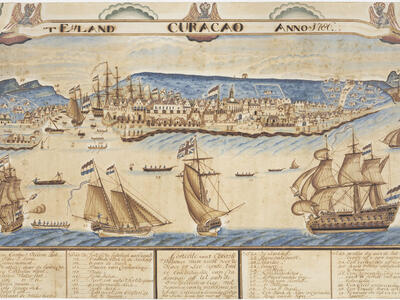 Postcard with color drawings of four large sailing ships in the foreground, several smaller boats and a port in the background, a heading above and four columns of small writing below.