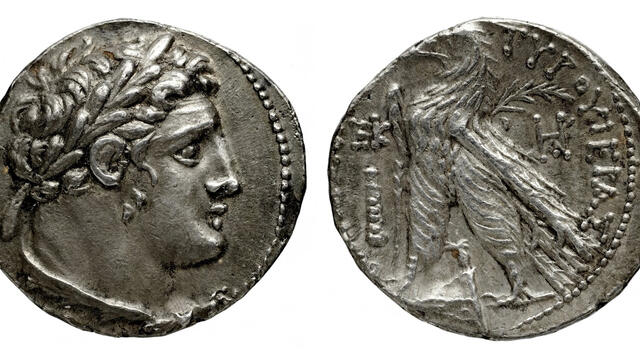 Front and back of two coins, one with a human profile and one with a bird