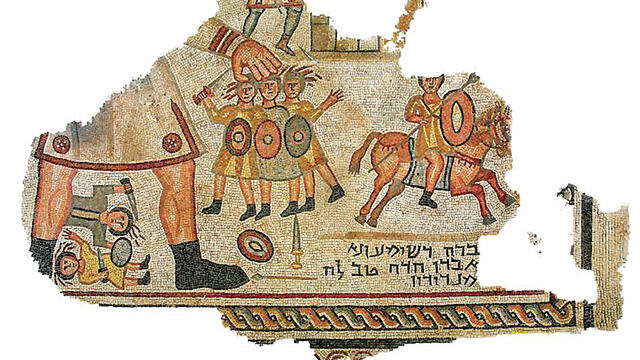 Partial mosaic of a human leg and hand holding three small warriors, with another warrior seated on horseback.
