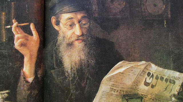 Painting of bearded man in glasses and hat seated at table with cigarette in one hand and Yiddish newspaper in the other.