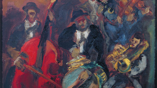 Abstract painting of musicians performing, with bearded man in hat and jacket sitting in center playing a large drum, man to the left standing in hat and jacket and playing double bass, man to the right seated and playing tuba, and other musicians in the background.