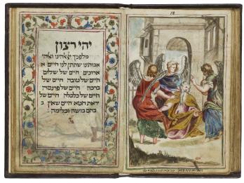 Facing-page manuscript with Hebrew text on left-hand page with floral border and illustration on right-hand page of three angels standing above bearded figure in robe. 