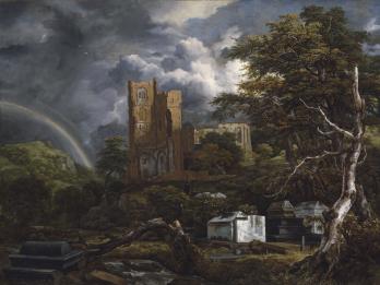 Painting of church ruins, stream, and graves beneath clouds. 