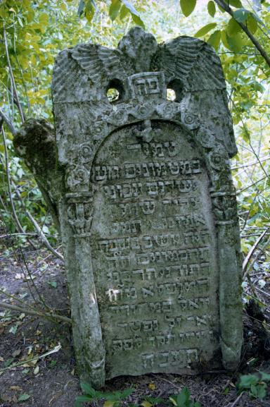 Tombstone with Hebrew inscription engraved with columns, flowers in curved shape above text, and wings at the top of the stone. 